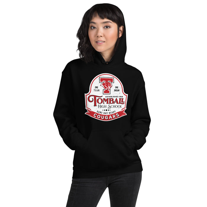 Woman wearing Tomball High School Cougars Black Classic Unisex Hoodie 219