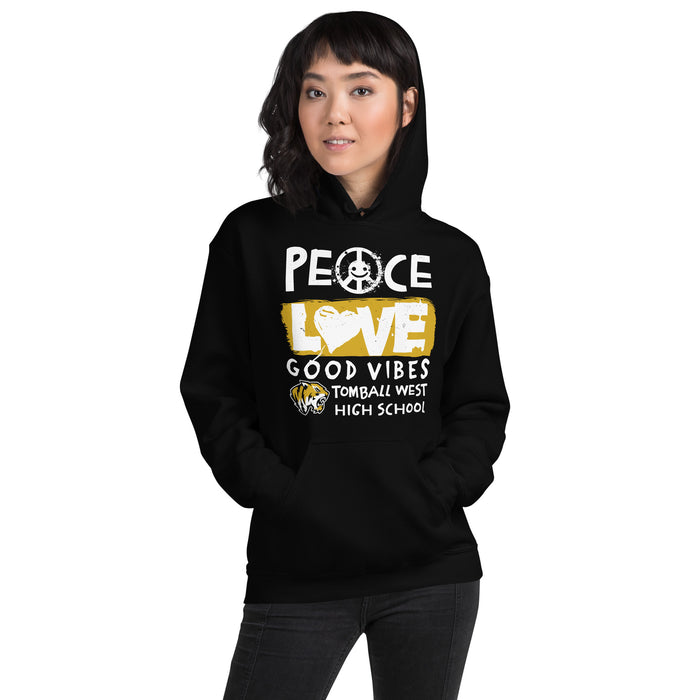 Woman wearing Tomball West High School Tigers Black Classic Unisex Hoodie 240