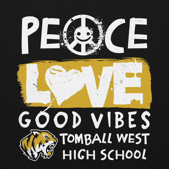 A black graphic design featuring the words 'PEACE LOVE GOOD VIBES' in distressed white lettering, with a peace sign and heart motif. Below reads 'TOMBALL WEST HIGH SCHOOL' with a tiger mascot logo. Tomball West High School Tigers Black Classic Unisex Hoodie 240