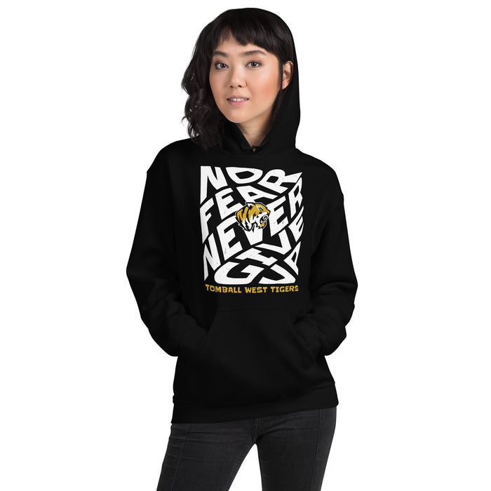 Woman wearing Tomball West High School Tigers Black Classic Unisex Hoodie 236