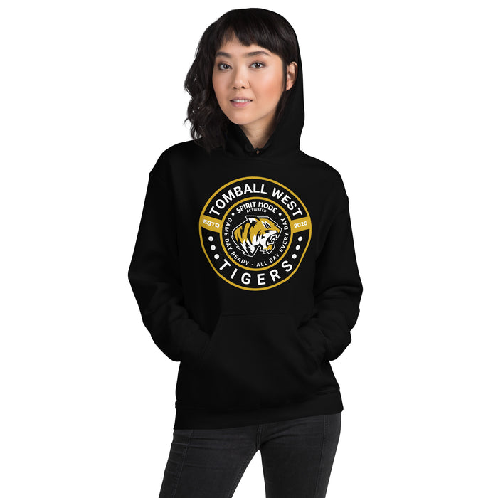 Woman wearing a black hoodie with a colorful design and text on a white background. Tomball West High School Tigers Black Classic Unisex Hoodie 239