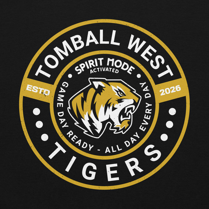 A circular Tomball West Tigers graphic print on a black background, featuring a stylized tiger head logo in gold, white, and black, with white and gold text including 'TOMBALL WEST', 'TIGERS', 'SPIRIT MODE ACTIVATED', and '2026'. Tomball West High School Tigers Black Classic Unisex Hoodie 239
