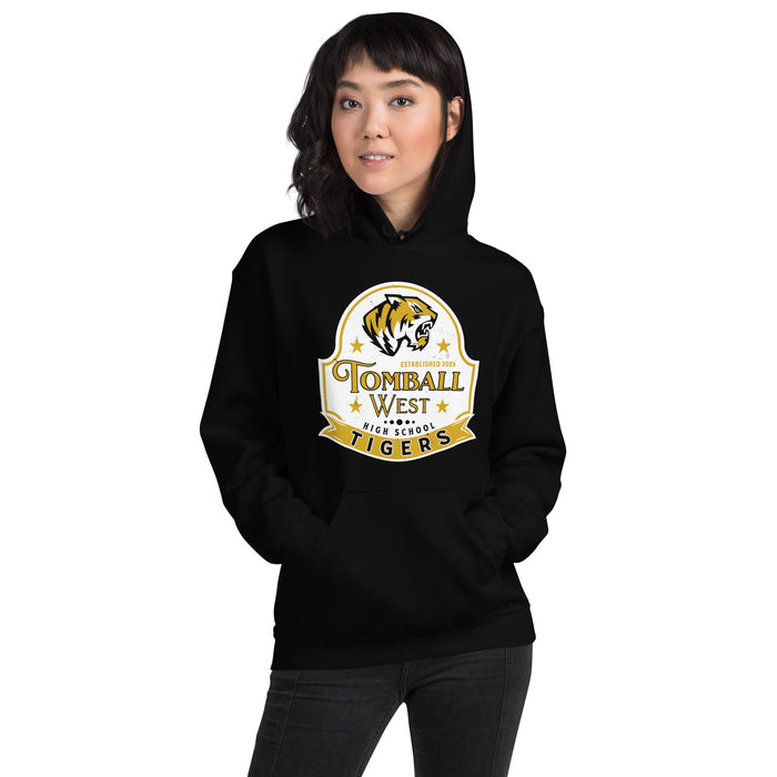 Woman wearing Tomball West High School Tigers Black Classic Unisex Hoodie 219