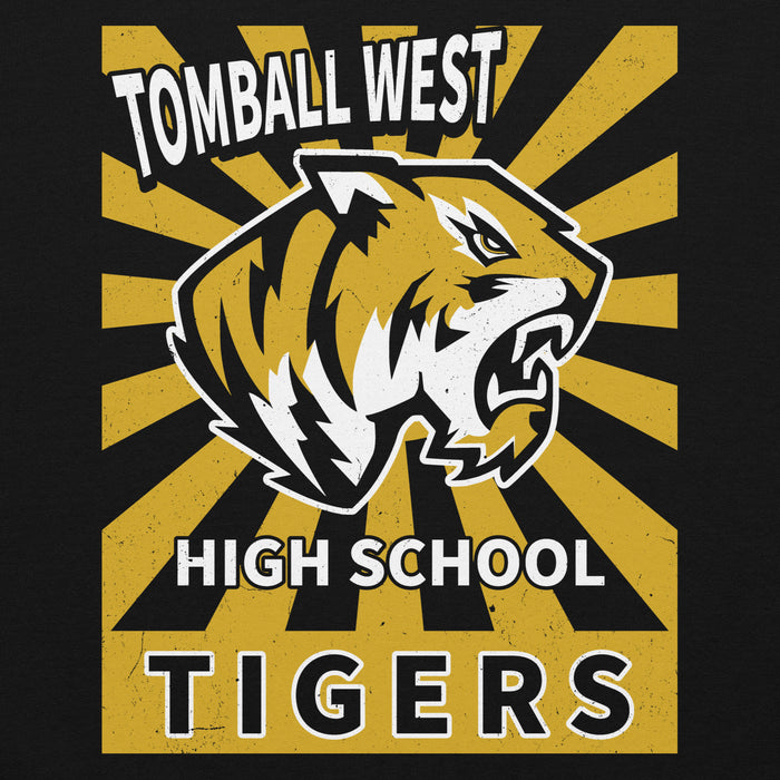 A graphic design featuring a roaring tiger head with the text 'TOMBALL WEST HIGH SCHOOL TIGERS' on a black background with yellow sunburst rays. Tomball West High School Tigers Black Classic Unisex Hoodie 226