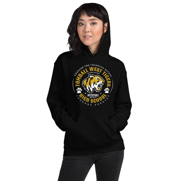 Woman wearing Tomball West High School Tigers Black Classic Unisex Hoodie 214