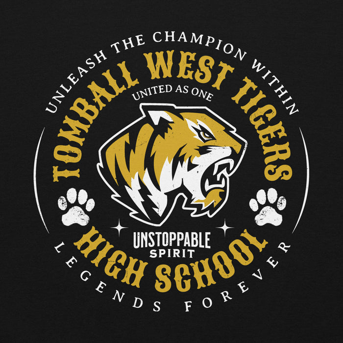 A circular graphic print on a black background featuring a stylized tiger head in yellow, white, and black, with the text 'TOMBALL WEST TIGERS', 'UNITED AS ONE', 'UNSTOPPABLE SPIRIT', and 'HIGH SCHOOL LEGENDS FOREVER'. Two white paw prints appear on either side. Tomball West High School Tigers Black Classic Unisex Hoodie 214