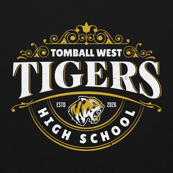 A black graphic design featuring the text 'TOMBALL WEST TIGERS HIGH SCHOOL' in white and gold, with a tiger mascot logo in the center and decorative scrollwork above and below. Tomball West High School Tigers Black Classic Unisex Hoodie 211
