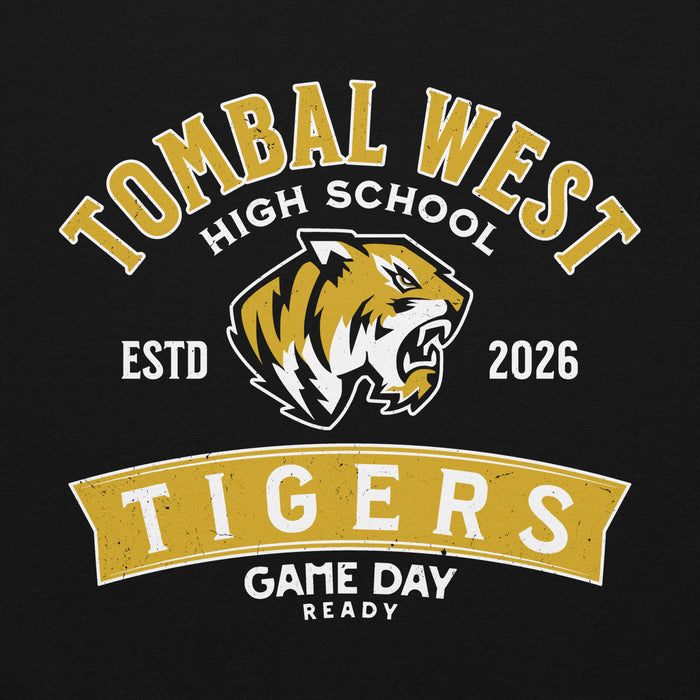 A black graphic print featuring a tiger mascot head with the text 'TOMBAL WEST HIGH SCHOOL', 'ESTD 2026', and 'TIGERS GAME DAY READY' in gold and white. Tomball West High School Tigers Black Classic Unisex Hoodie 221