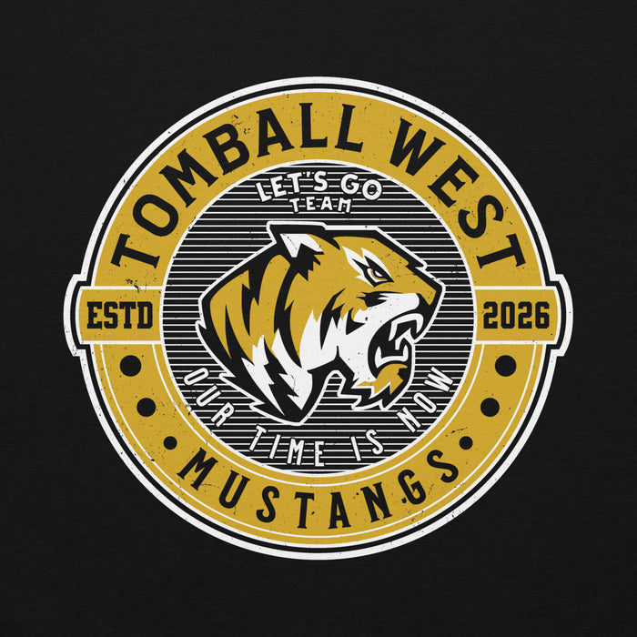 A circular Tomball West Mustangs graphic on a black background, featuring a roaring tiger mascot, the words 'TOMBALL WEST', 'LET'S GO TEAM', 'OUR TIME IS NOW', and 'MUSTANGS', with 'ESTD 2026' on the sides. Tomball West High School Tigers Black Classic Unisex Hoodie 224
