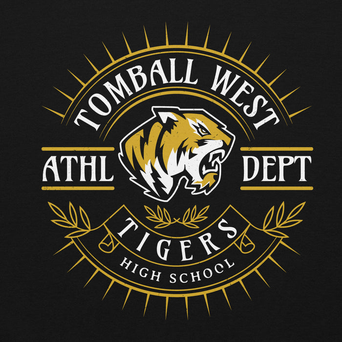 A black graphic print featuring a stylized tiger head logo with the text 'TOMBALL WEST ATHL DEPT TIGERS HIGH SCHOOL' in white and gold. Tomball West High School Tigers Black Classic Unisex Hoodie 201