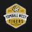 A school logo graphic for Tomball West High School featuring a stylized tiger head mascot inside a gold and white shield emblem with black text on a black background. Tomball West High School Tigers Black Classic Unisex Hoodie 209