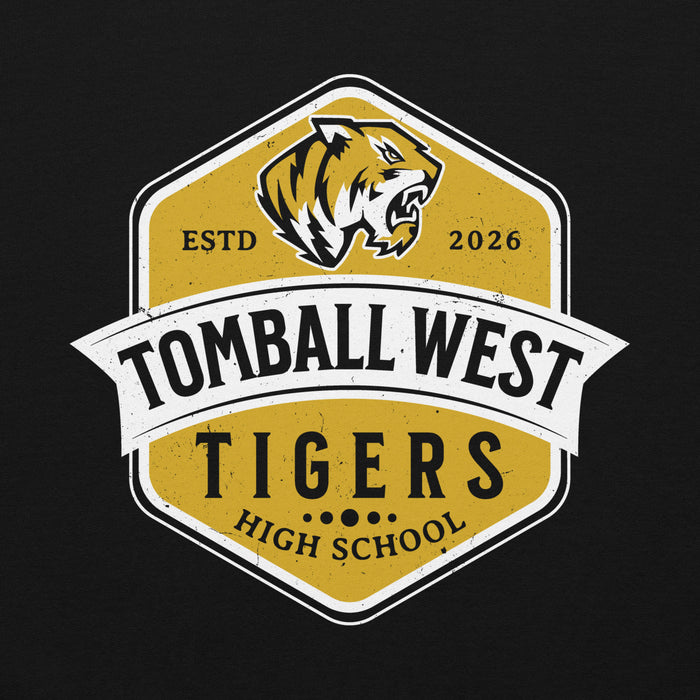 A school logo graphic for Tomball West High School featuring a stylized tiger head mascot inside a gold and white shield emblem with black text on a black background. Tomball West High School Tigers Black Classic Unisex Hoodie 209