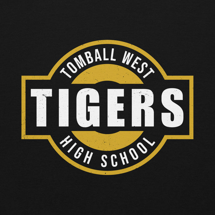 A circular and rectangular school logo on a black background reading 'TOMBALL WEST TIGERS HIGH SCHOOL' in white and gold. Tomball West High School Tigers Black Classic Unisex Hoodie 011