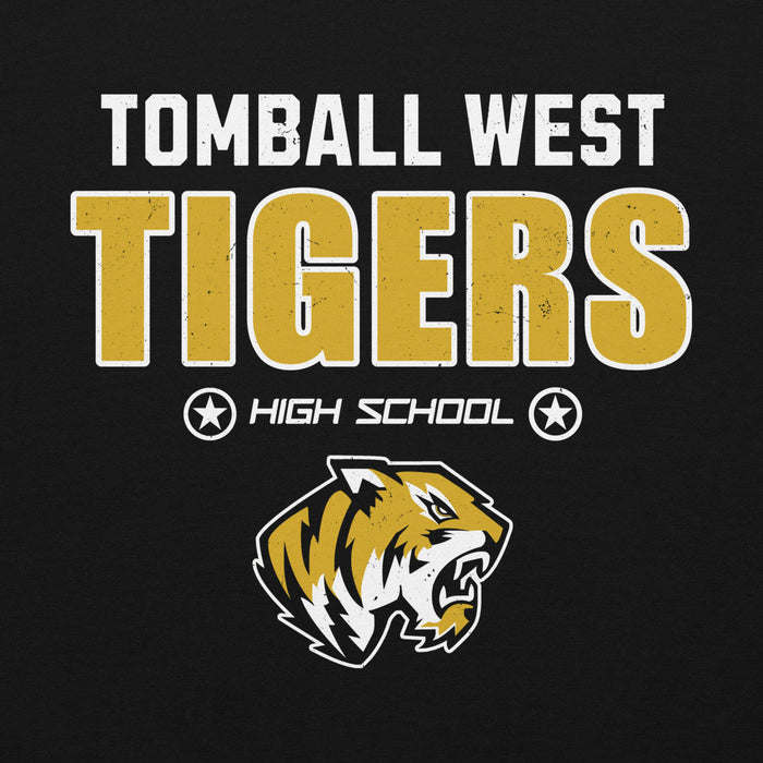 A black graphic print featuring the text 'TOMBALL WEST TIGERS HIGH SCHOOL' in distressed white and gold lettering, with a stylized tiger head mascot below. Tomball West High School Tigers Black Classic Unisex Hoodie 003