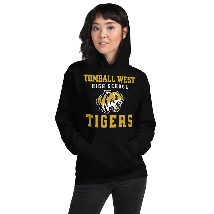 Woman wearing Tomball West High School Tigers Black Classic Unisex Hoodie 006