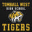 A black graphic print featuring the text 'TOMBALL WEST HIGH SCHOOL' in distressed yellow and white lettering, a stylized tiger head mascot in yellow, white, and black, and the word 'TIGERS' in large distressed yellow block letters at the bottom. Tomball West High School Tigers Black Classic Unisex Hoodie 006