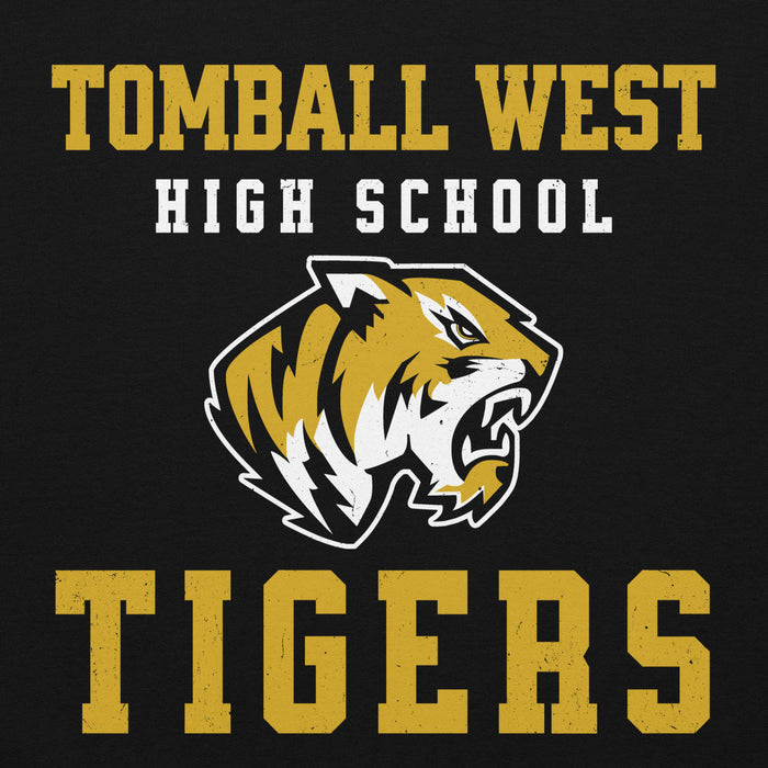 A black graphic print featuring the text 'TOMBALL WEST HIGH SCHOOL' in distressed yellow and white lettering, a stylized tiger head mascot in yellow, white, and black, and the word 'TIGERS' in large distressed yellow block letters at the bottom. Tomball West High School Tigers Black Classic Unisex Hoodie 006