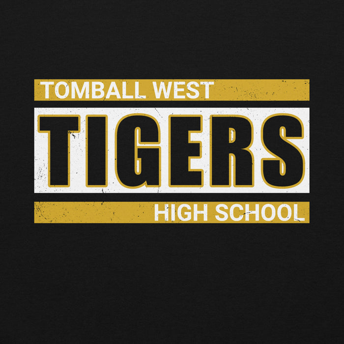 A black graphic print featuring the text 'TOMBALL WEST TIGERS HIGH SCHOOL' in white and gold varsity-style lettering. Tomball West High School Tigers Black Classic Unisex Hoodie 098