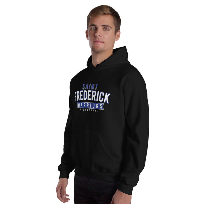 Man wearing St. Frederick High School Warriors Black Classic Unisex Hoodie 021