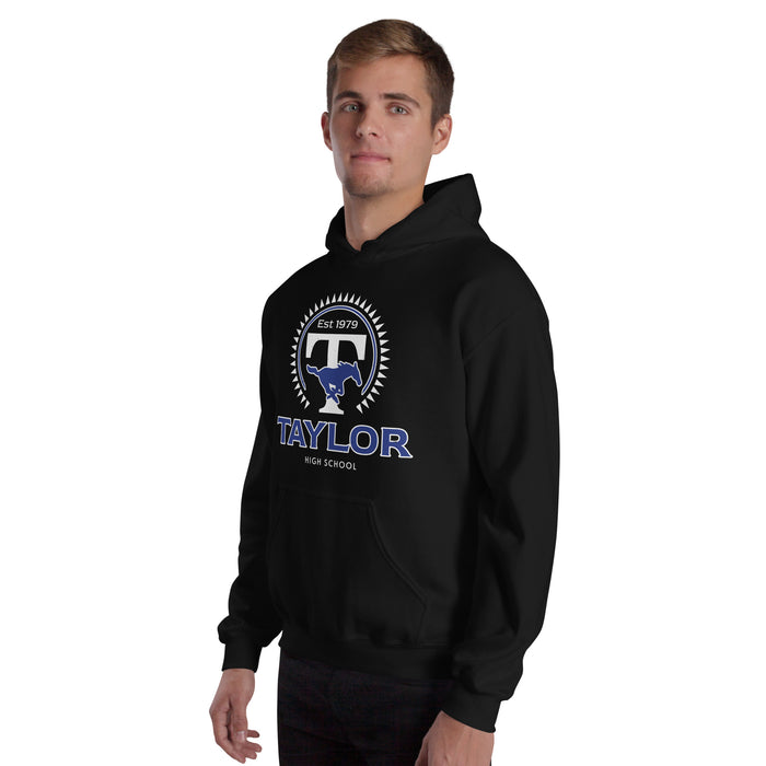 Man wearing Taylor High School Mustangs Black Classic Unisex Hoodie 226