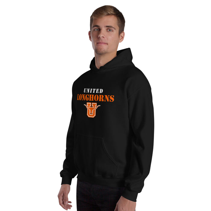 Man wearing United High School Longhorns Black Classic Unisex Hoodie 222