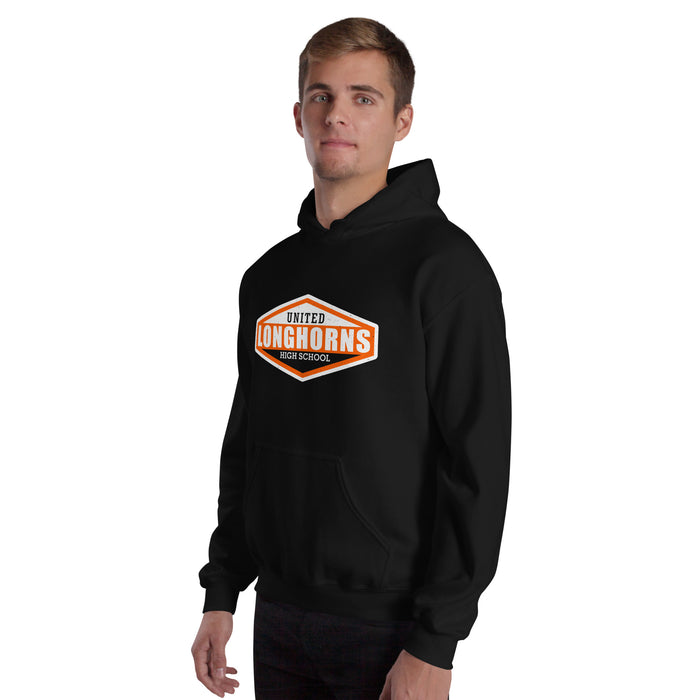 Man wearing United High School Longhorns Black Classic Unisex Hoodie 009