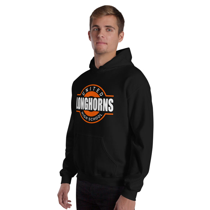 Man wearing United High School Longhorns Black Classic Unisex Hoodie 011