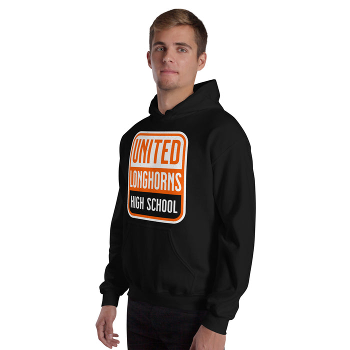 Man wearing United High School Longhorns Black Classic Unisex Hoodie 001