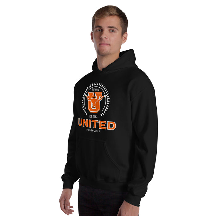 Man wearing United High School Longhorns Black Classic Unisex Hoodie 226