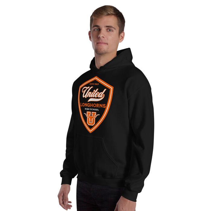 Man wearing United High School Longhorns Black Classic Unisex Hoodie 225