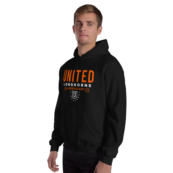 Man wearing United High School Longhorns Black Classic Unisex Hoodie 003