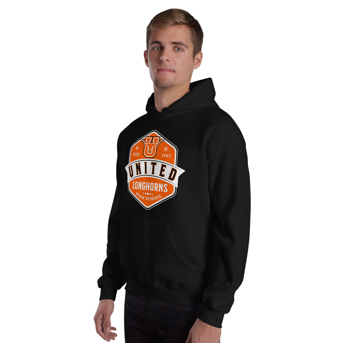 Man wearing United High School Longhorns Black Classic Unisex Hoodie 209