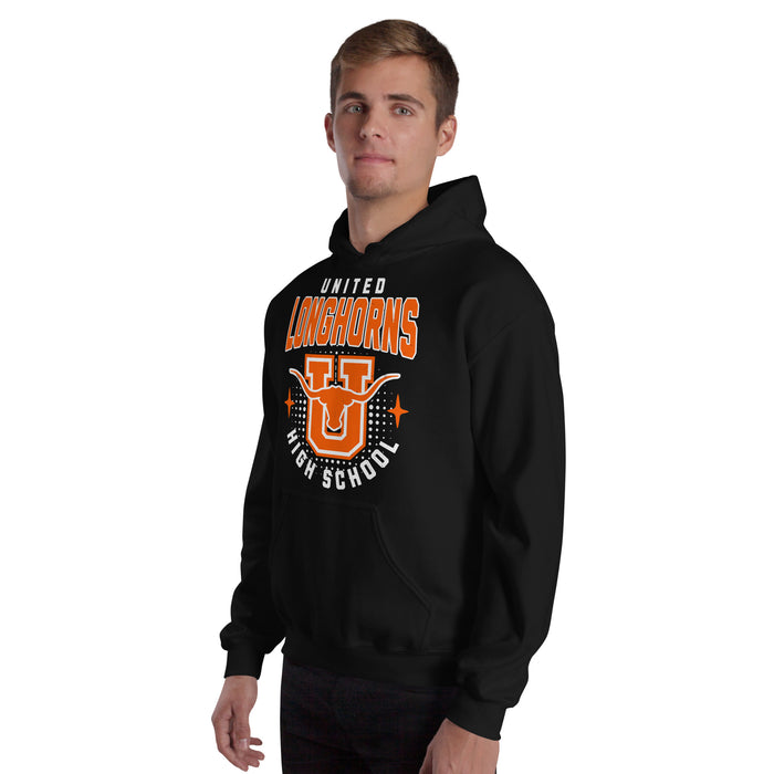 Man wearing United High School Longhorns Black Classic Unisex Hoodie 204