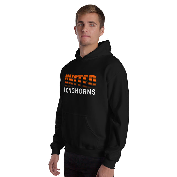 Man wearing United High School Longhorns Black Classic Unisex Hoodie 024