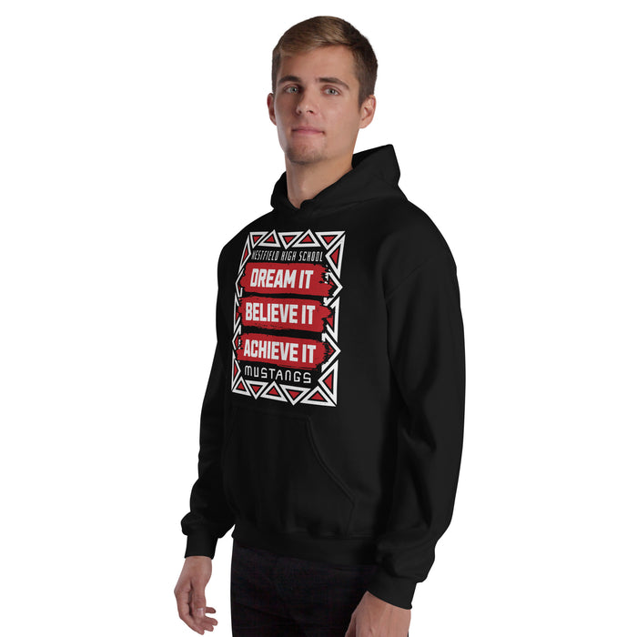 Man wearing Westfield High School Mustangs Black Classic Unisex Hoodie 202