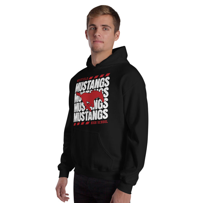 Man wearing Westfield High School Mustangs Black Classic Unisex Hoodie 223