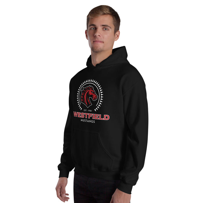 Man wearing Westfield High School Mustangs Black Classic Unisex Hoodie 226