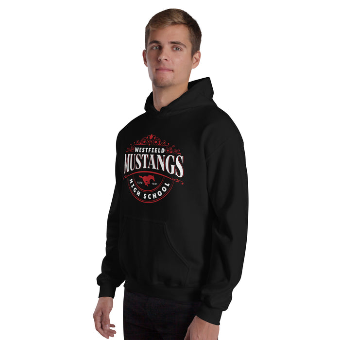 Man wearing Westfield High School Mustangs Black Classic Unisex Hoodie 211