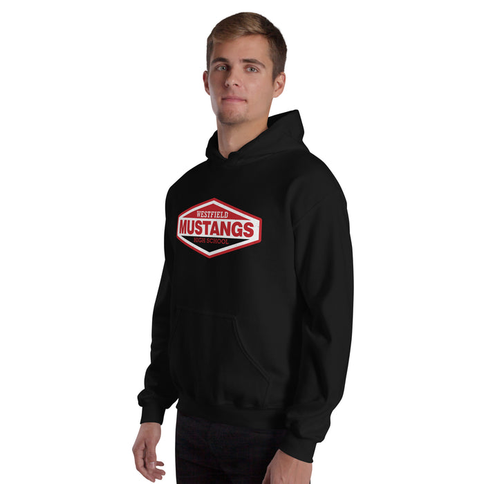 Man wearing Westfield High School Mustangs Black Classic Unisex Hoodie 009