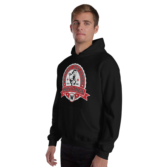 Man wearing Westfield High School Mustangs Black Classic Unisex Hoodie 212