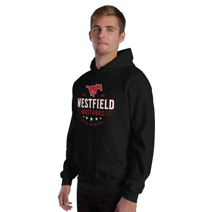 Man wearing Westfield High School Mustangs Black Classic Unisex Hoodie 217