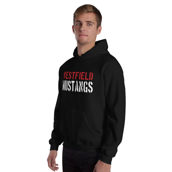 Man wearing Westfield High School Mustangs Black Classic Unisex Hoodie 017