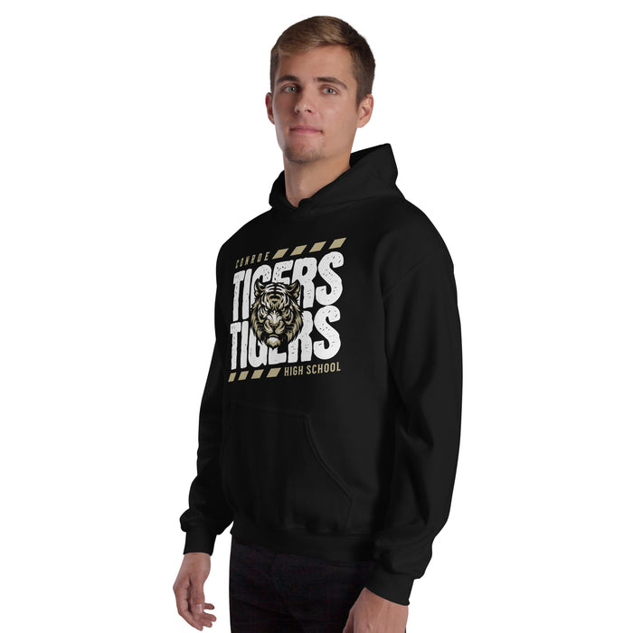 Man wearing Conroe High School Tigers Black Classic Unisex Hoodie 223
