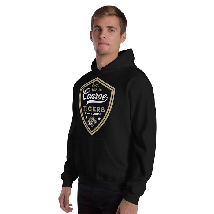 Man wearing Conroe High School Tigers Black Classic Unisex Hoodie 225