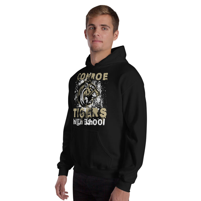 Man wearing Conroe High School Tigers Black Classic Unisex Hoodie 205