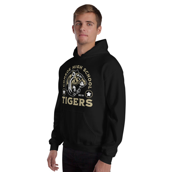 Man wearing Conroe High School Tigers Black Classic Unisex Hoodie 208