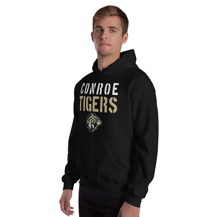 Man wearing Conroe High School Tigers Black Classic Unisex Hoodie 017