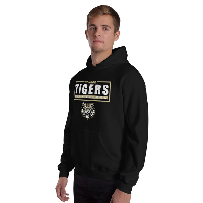 Man wearing Conroe High School Tigers Black Classic Unisex Hoodie 049