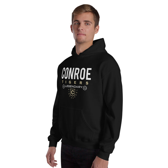 Man wearing Conroe High School Tigers Black Classic Unisex Hoodie 003