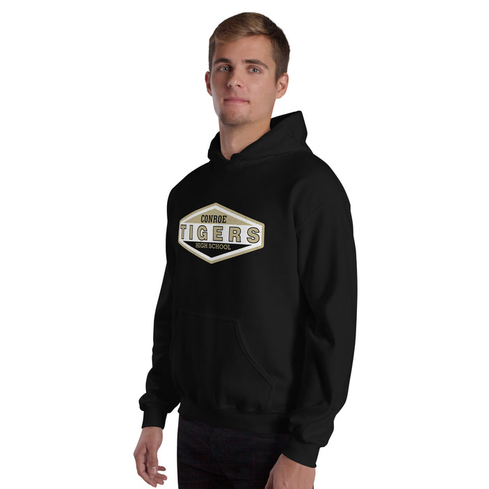 Man wearing Conroe High School Tigers Black Classic Unisex Hoodie 009